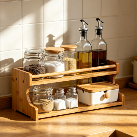 Bamboo Kitchen Spice Jar Rack Storage Holder